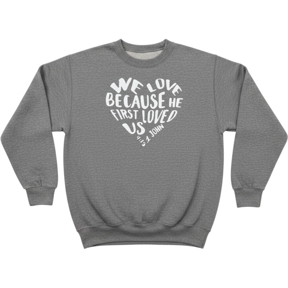 Christian Sweatshirt Gray 1 John 4:19 Bible‎ Verse Heart Graphic Pullover L